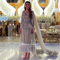 Блестящее серое платье-русалка, арабское вечернее платье с накидкой, Роскошные вечерние платья Дубая с кристаллами и перьями для выпускного вечера, свадебные платья для женщин 1005003762684780