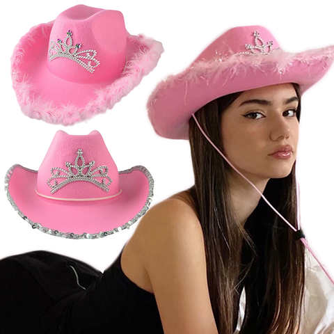 Ковбойская Кепка в западном стиле, розовая шапка Cowgirl для женщин, стандартная шапка Cowgirl, праздничный костюм, шляпа для вечеринки, шляпа Федора с блестками и перьями 1005003769039762