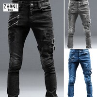 Черные Облегающие прямые джинсы, мужские брюки, рваные джинсы Cacual, Мужская Уличная одежда, Молодежная мужская одежда, длинные джинсовые брюки в стиле Харадзюку 1005003772484245
