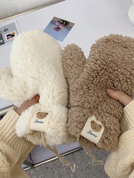 Мягкие плюшевые перчатки с милым медведем, женские зимние теплые утолщенные варежки без пальцев, уличные теплые перчатки для девочек, рождественские подарки 1005003775958448