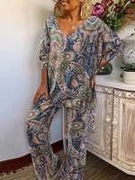 Женский комплект из 2 предметов, блузка с V-образным вырезом и длинным рукавом, брючный костюм ZANZEA с винтажным цветочным принтом 1005003777066217