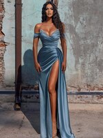 Женское атласное вечернее платье Sevintage, пыльное синее платье-Русалка с бисером и открытыми плечами, платье с разрезом для выпускного вечера 1005003779521086