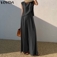 Модные летние костюмы VONDA без рукавов, однотонные женские брюки-палаццо, женские топы с круглым вырезом и длинные брюки с широкими штанинами, 2 шт. 1005003784790399