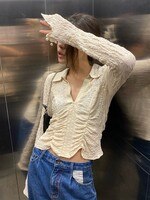 Укороченный топ с рюшами Karrram, рубашка в Корейском стиле, женская блузка с длинным рукавом, на молнии, с воротником, бежевые туники, Женский Топ, весна 2022 1005003801461416