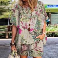 Костюм ZANZEA женский с цветочным принтом, винтажная блузка с коротким рукавом, богемный летний комплект, повседневный свободный спортивный костюм, пляжные шорты, 2 шт. 1005003810695690