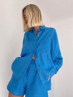 Mnelawlways18 хлопковый льняной женский летний комплект из топа и шорт синий комплект из 2 предметов женские повседневные шорты костюмы рубашка с карманами наряд 1005003819514848