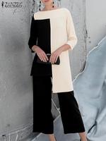 Костюм спортивный ZANZEA женский из двух предметов, Элегантная блузка и брюки в стиле пэчворк с рукавом 3/4, модный офисный костюм, весна 1005003819535776