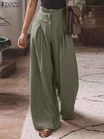 Брюки ZANZEA женские с завышенной талией, модные однотонные широкие брюки, Плиссированные Длинные повседневные Элегантные свободные штаны в стиле палаццо, большие размеры, на весну 1005003823989473