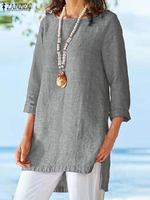 Женская летняя повседневная Свободная блузка с круглым вырезом и рукавом до локтя, богемная Однотонная рубашка ZANZEA, праздничная модная сорочка, туника большого размера 1005003854900920