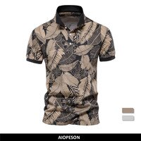 Рубашка-поло AIOPESON мужская с коротким рукавом, Гавайский стиль, 100% хлопок, качественная футболка-поло с принтом листьев, летняя одежда 1005003855824146