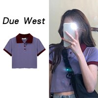 Укороченный топ-поло, женская футболка, хлопковая одежда с коротким рукавом для подростков, в стиле пэчворк, в эстетике, бело-фиолетовые толстовки на пуговицах 1005003892343669
