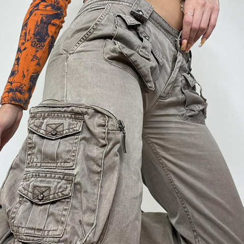 Женские винтажные джинсы-багги Zenaide, серые свободные брюки-карго с заниженной талией в стиле Харадзюку, джоггеры большого размера Y2K 1005003937000408