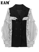 [EAM] Женский Повседневный блейзер в черную полоску с оборками, новый свободный приталенный пиджак с лацканами и длинными рукавами, модная весенне-осенняя 2022 1DE6486 1005003943041952