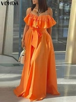 Женское платье 2022, летние однотонные Длинные Платья-макси без рукавов с оборками VONDA, повседневное плиссированное платье, пляжный сарафан, длинный халат 1005003944354605