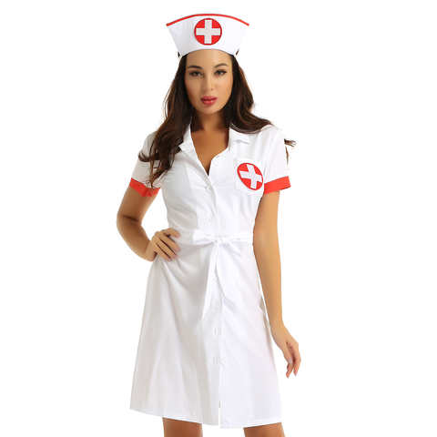3 шт., женское нарядное платье для взрослых медсестры, костюм для косплея, наряд, воротник с отворотом, короткий рукав, на пуговицах, Униформа, платье с поясом и шапкой 1005003956344518