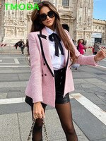 Женский двубортный твидовый Блейзер T MODA, элегантный розовый пиджак с длинными рукавами и карманами, модная уличная одежда, топы 1005003963443265