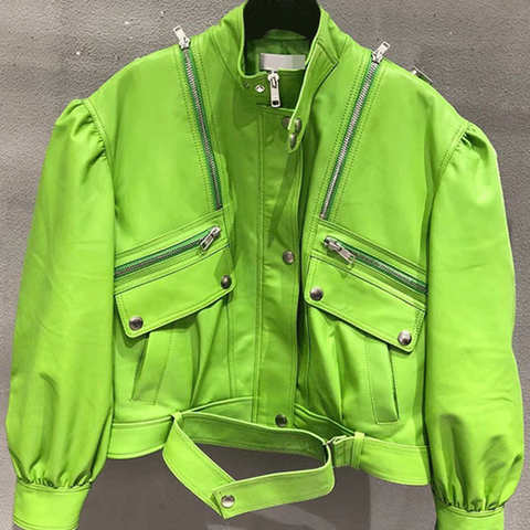Lautaro Осенняя короткая лимонно-зеленая куртка из мягкой искусственной кожи с длинным рукавом на молнии Подиумная стильная корейская мода 2021 кожаная куртка женская весенняя плащ женский кожаный  косуха оверсайз 2022 1005003965593610