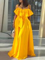 2022 VONDA женское элегантное офисное платье, однотонное, с оборками, сексуальное, с открытыми плечами, ТРАПЕЦИЕВИДНОЕ, женское платье, сарафан на бретелях-спагетти 1005003970380395