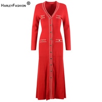 HarleyFashion новый французский стиль с v-образным вырезом красный кардиган эластичный миди длинное трикотажное платье 1005003974415337