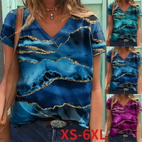 Футболка женская базовая с V-образным вырезом, модная рубашка с абстрактным геометрическим принтом, с синим/3D принтом, 6XL, 2022 1005004001002105