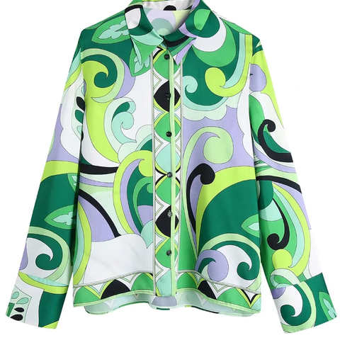 Зеленая женская блузка с принтом TRAF 2022, винтажные рубашки на пуговицах, женская рубашка с длинным рукавом, Весенняя Повседневная мешковатая рубашка для дам 1005004005019231