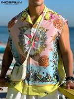 Гавайская рубашка INCERUN мужская с принтом, летняя сорочка с лацканами без рукавов для отпуска, свободная дышащая уличная одежда, повседневная женская одежда, 2022 1005004008717065