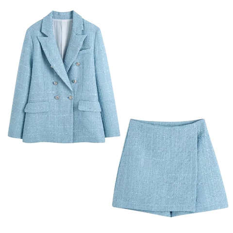 Женский элегантный твидовый пиджак, Голубой пиджак и шорты с высокой талией, Офисная верхняя одежда, весна 2022 1005004009762515