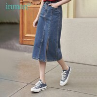 Женская юбка INMAN, Повседневная Длинная юбка трапециевидной формы, элегантная джинсовая юбка с разрезом, корейская мода, весна-лето 1005004040306799