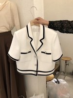 Женский твидовый пиджак с коротким рукавом, приталенный черный шерстяной кардиган в Корейском стиле, белый укороченный жакет, лето 2023 1005004055575477