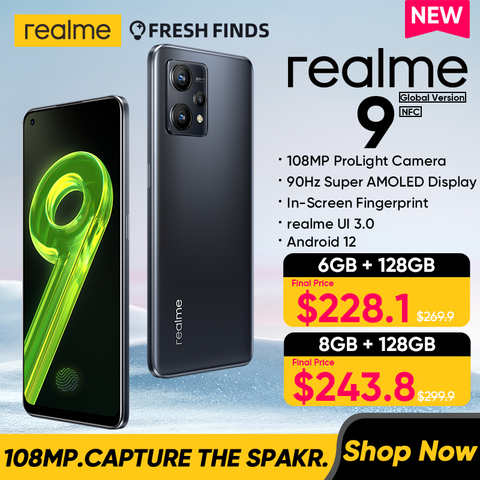 [Новое поступление] Realme 9 Новый смартфон 108MP Камера 6,4 "90 Гц Super AMOLED Дисплей Восьмиядерный процессор Snapdragon 33 Вт 5000 мАч 1005004088736475