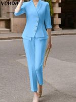 VONDA 2022 элегантный вечерний офисный длинный комплект палаццо, Модный женский пиджак с рукавом 3/4, лацканами и пуговицами, официальный костюм из искусственной кожи 1005004089695213