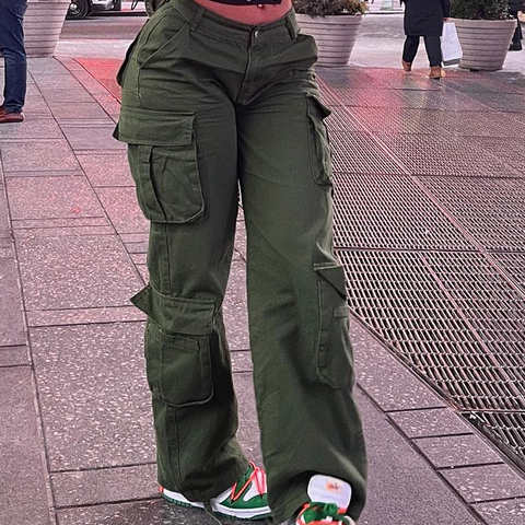 Брюки-карго армейского зеленого цвета, мешковатые джинсы, женская модная уличная одежда, прямые повседневные винтажные джинсовые брюки с карманами и высокой талией, Комбинезоны 1005004095886299