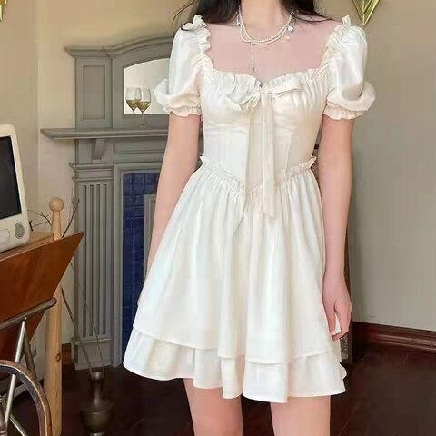 Женское платье принцессы в стиле ретро, элегантное белое платье миди с французским квадратным вырезом в стиле «Лолита», дизайнерское платье в Корейском стиле для подружки невесты, одежда для выпускного вечера, Y2k 1005004105749828