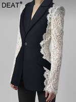 Женский блейзер с длинным рукавом DEAT, контрастный пиджак с отложным воротником и кружевом в стиле пэчворк, осень 2023 1005004107257663