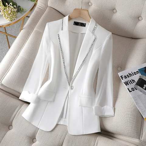 Женский блейзер с пайетками, летний солнцезащитный пиджак белого цвета, новый костюм, куртка, женский модный тонкий черный кардиган, осень 2022 1005004109609273
