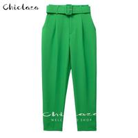 Брюки-султанки CHICLAZA женские с завышенной талией, повседневные однотонные офисные штаны с поясом, зеленые, весна-осень 2022 1005004117455869
