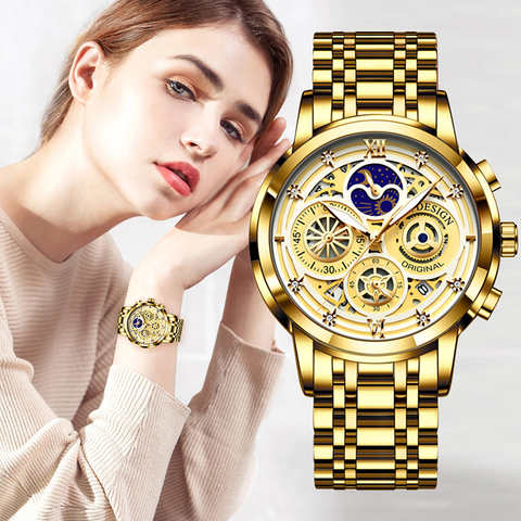 Часы наручные LIGE женские золотистые, креативные водонепроницаемые с браслетом из стали, 2022 1005004138313087