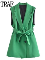 Жилет TRAF женский длинный, Зеленый Модный двубортный жилет без рукавов, с поясом, офисная одежда, элегантный 1005004139353623