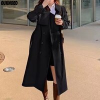 Роскошный женский длинный Тренч, модная черная Корейская уличная одежда, повседневная Свободная куртка, осень 2023, тонкая женская одежда, ветровка 1005004143486275