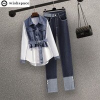 Популярный корейский уличный стиль элегантный женский комплект брюк Модная Джинсовая рубашка синие джинсы комплект из двух предметов Famele спортивный костюм спортивная одежда 1005004155969515