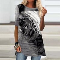 Женская футболка с коротким рукавом, серая футболка с принтом кошки и животного, модная повседневная футболка с круглым вырезом в современном стиле для весны и лета, 2022 1005004192610609