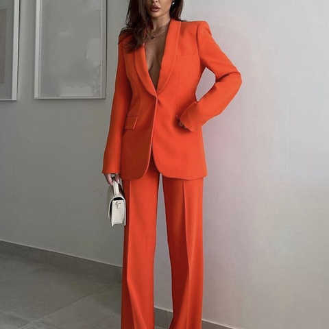 Женский офисный комплект из 2 предметов, оранжевый пиджак с одним пуговицами и карманами с клапаном, прямые брюки с высокой талией в уличном стиле 1005004201847471