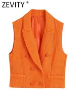 Zevity женский модный двубортный оранжевый твидовый короткий жилет, пальто, женский укороченный костюм для офиса, безрукавка, топы CT781 1005004206244623