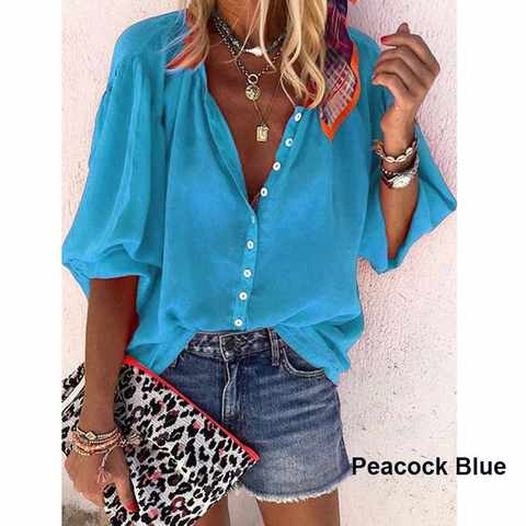 Однотонная женская рубашка с длинным рукавом и V-образным вырезом, на пуговицах, летняя женская блузка 2022, взрывобезопасные модели, новые женские темно-синие блузы 1005004221792699