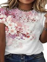 Новые летние женские модные топы с круглым вырезом, женские футболки в простом стиле с розовыми цветами, повседневная одежда 1005004230483087