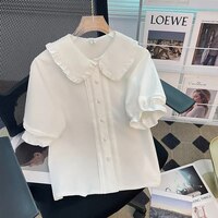 Белая рубашка, женская блузка в стиле преппи с милым кукольным воротником, шифоновый топ с коротким рукавом-фонариком для девушек, 2022 1005004241696172