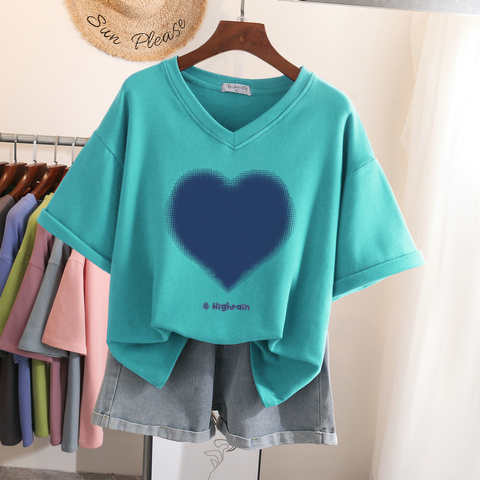 Женская футболка EBAIHUI с рисунком в виде сердечек, летняя футболка большого размера с V-образным вырезом и коротким рукавом, 100% хлопок 1005004256527719