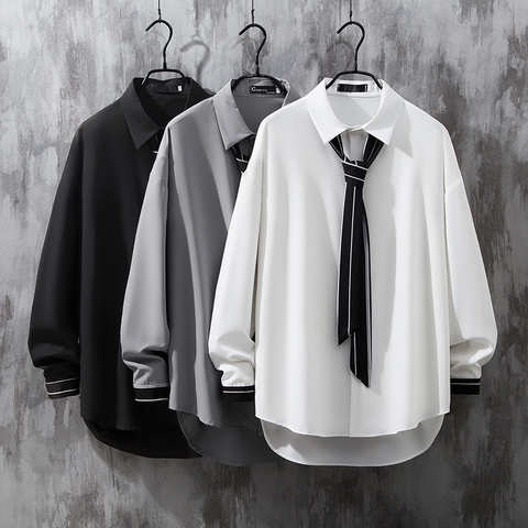 Рубашка мужская с галстуком, свободная Студенческая/Школьная одежда, красивая модная белая, с длинным рукавом 1005004261678467