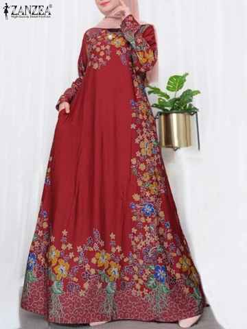 ZANZEA богемный женский весенний мусульманский кафтан абайя платье с круглым вырезом хиджаб с принтом Исламская одежда макси платья Повседневный Элегантный Халат 1005004290355752