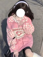 Корейские модные женские толстовки в клетку Deeptown в стиле Харадзюку кавайные свитшоты большого размера на молнии розовые шахматные повседневные топы в винтажном стиле 1005004310288142